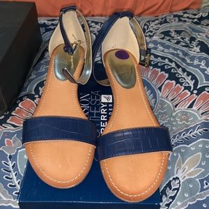 Navy blue wedge slides